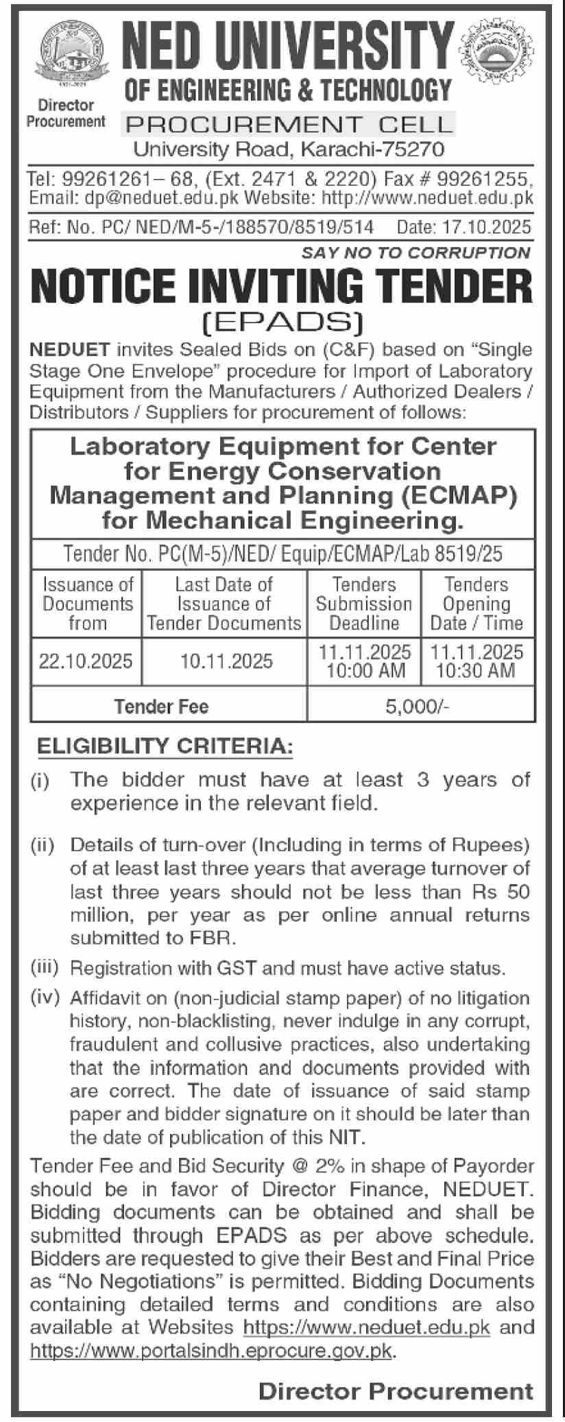 Ned University of Engineering & Technology Karachi Tender Notice